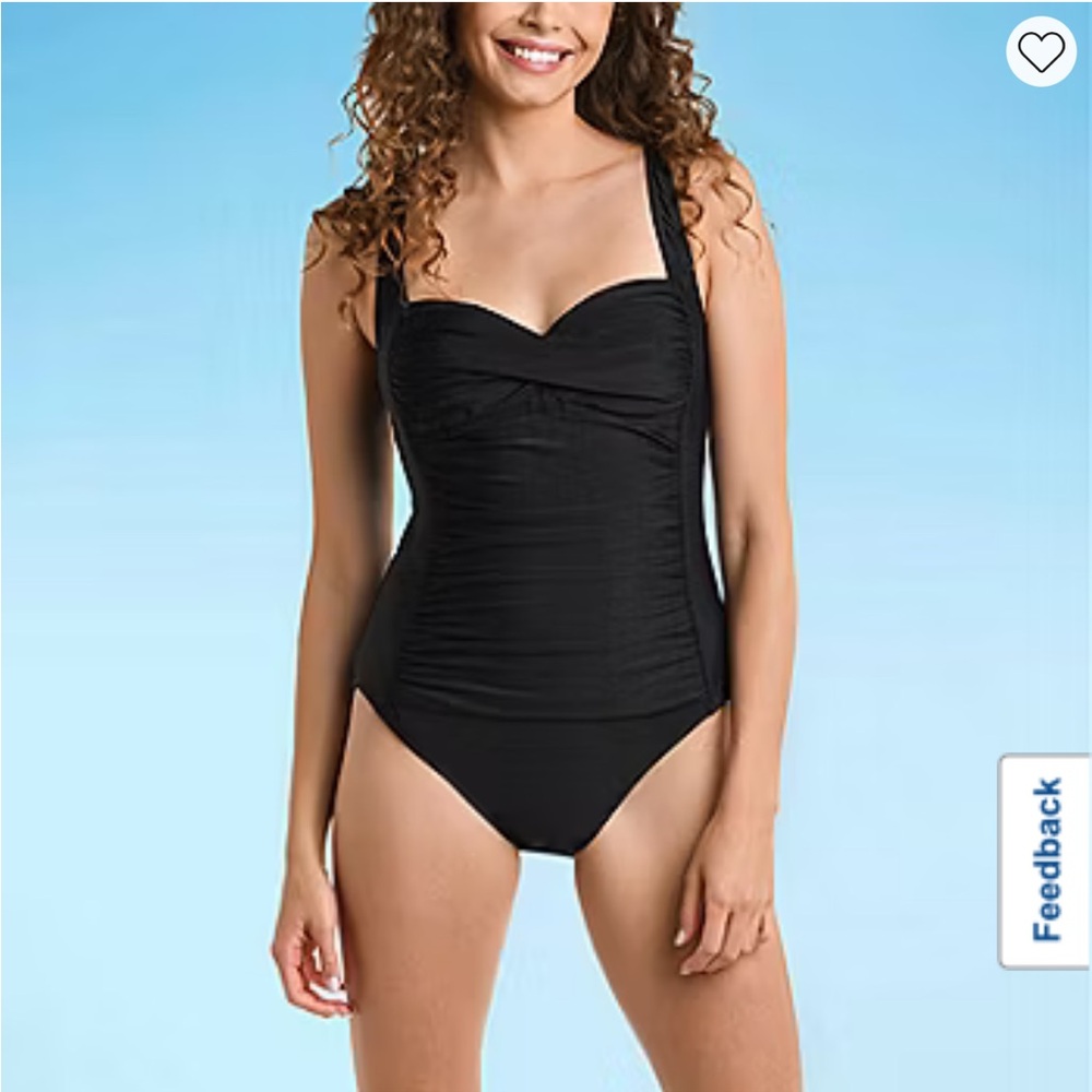 69 Liz Claiborne Black One Piece Swimsuit 12 Tummy Control Ruched Halter Classic